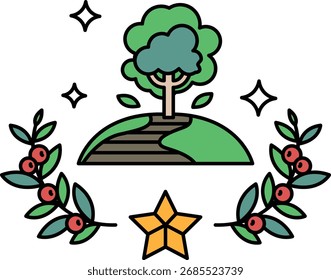 A tree is surrounded by a wreath of leaves and a star. The tree is on a hill and the wreath is on the ground