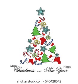 Tree of sweets, Christmas tree, stocking and snowflake for postcard greetings. Merry Christmas and Happy New Year. Vector illustration