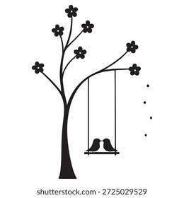 Árbol con el columpio y los pájaros aislados en fondo transparente