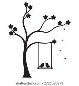 Árbol con el columpio y los pájaros aislados en fondo transparente