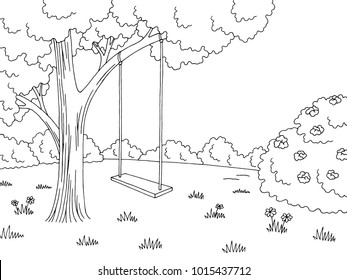 Tree swing graphic black white forest glade landscape sketch illustration vector