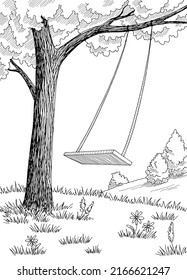 Tree swing graphic black white forest glade landscape vertical sketch illustration vector 