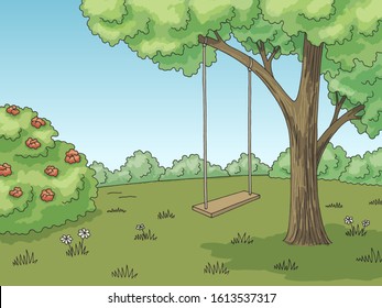 Tree swing graphic color forest glade landscape sketch illustration vector