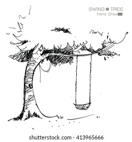 tree with swing hand drawn from imagination,on white background Vector illustration