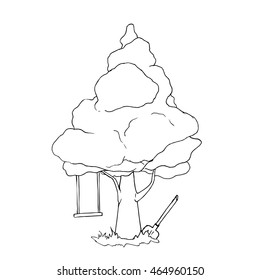 Tree with swing. Hand drawn vector stock illustration. Black and white whiteboard drawing.