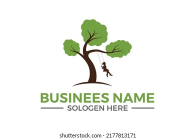   tree swing logo concept. Landscape child care design template. Vector illustration