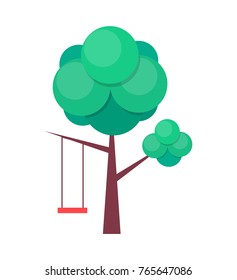 Tree swing made of brown rope attached to horizontal branch with red plank featuring as seat isolated vector illustration on white background