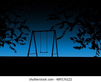 tree with a swing on night stars sky Vector