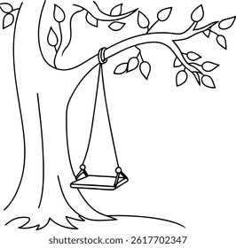 Tree With Swing Outline Drawing For Coloring Books And Design Projects