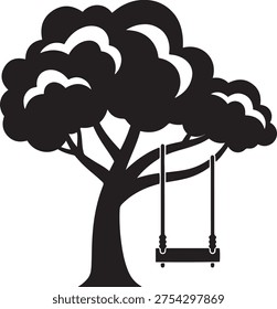 Tree with swing silhouette vector icon for childhood and park nature illustration