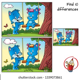 Tree with swing and two happy little cats. Find 10 differences. Educational matching game for children. Cartoon vector illustration