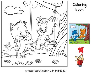 Tree with swing and two happy little cats. Coloring book. Cartoon vector illustration