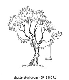 Tree and swing. Vector sketch. 