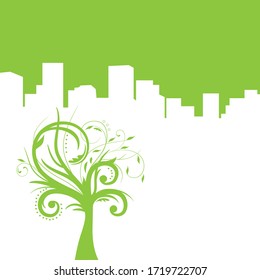 tree with swirl branches with city in behind. vector