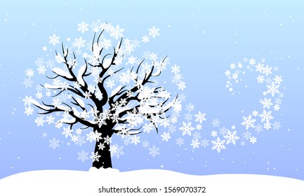 Tree with a swirl of snowflakes, vector art illustration.