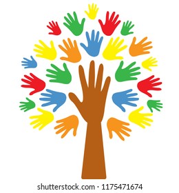 Tree symbol with colorful human hands. Concept illustration for organization help, environment project or social work. Vector illustration.