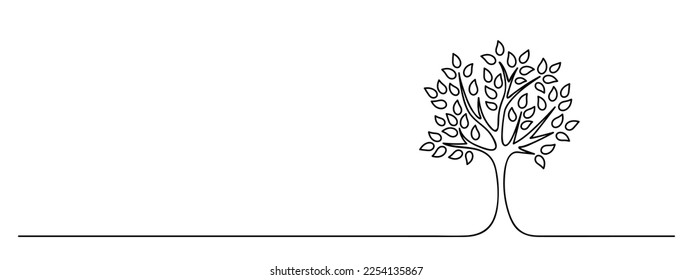 tree symbol continuous line drawing, garden concept lineart, black line vector illustration, horizontal design element