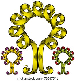 Tree symbol created of ribbon, set of color versions. Vector eco signs.