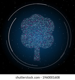 The tree symbol filled with white dots. Pointillism style. Some dots is pink. Vector illustration on blue background with stars