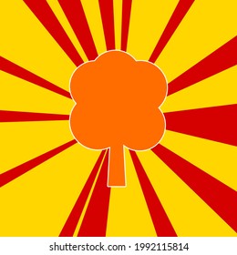Tree symbol on a background of red flash explosion radial lines. The large orange symbol is located in the center of the sun, symbolizing the sunrise. Vector illustration on yellow background