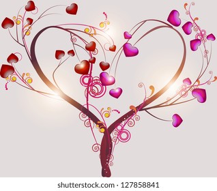 The tree, symbolizing the love with decorative leaves in form of heart on light background