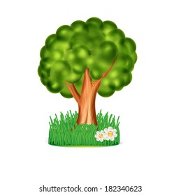 tree with tall grass and flowers isolated on white background