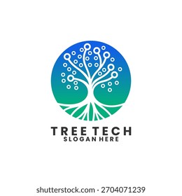 Tecnologia de árvore com modelo de vetor de design de logotipo circular. Projeto do logotipo de conexão em árvore