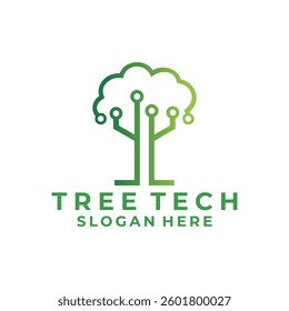 Tree tech line art logo design vector template