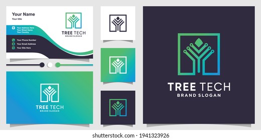 Tree tech logo with creative data concept and business card design Premium Vector