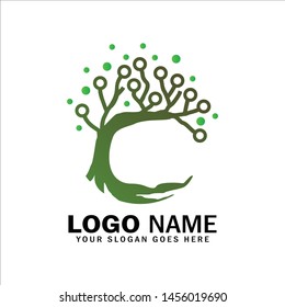 Tree tech logo, digital tree symbol logo template