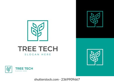 Tree tech logo icon design. vector outline plant symbol for education technology growth logo template