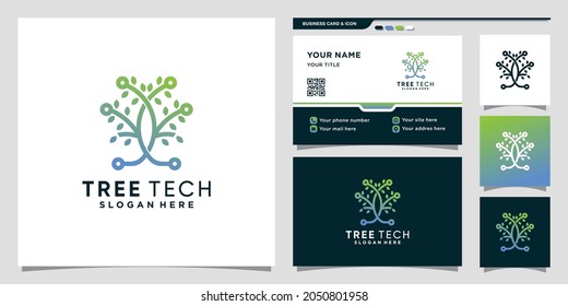 Tree tech logo with line art style and business card design Premium Vector