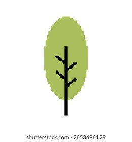 Tree templates in pixel art style. Green and black natural silhouettes. Forest, nature, labels. Isolated on white background.