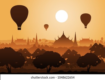 tree temple image of Buddha sculpture pagoda sea and balloon above,Myanmar,Thailand,vector illustration