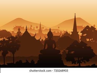 tree temple image of Buddha sculpture pagoda sea,Myanmar,Thailand,vector illustration