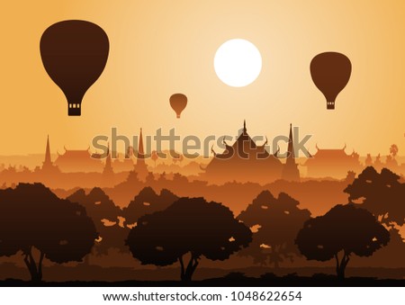 tree temple image of Buddha sculpture pagoda sea and balloon above,Myanmar,Thailand,vector illustration