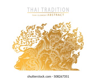 tree of thai tradition on mountain,stone of thai outline vector