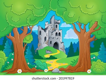 Tree theme with castle ruins - eps10 vector illustration.