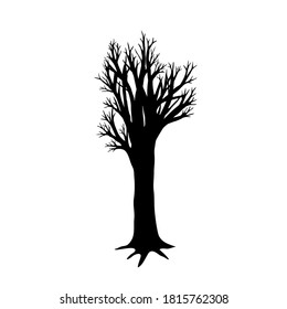 tree with a thick trunk and short branches, no leaves. Full length black tree silhouette (with roots). Vector traced drawing hand drawn in black ink