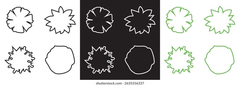 Tree top icon collection. diverse foliage patterns, ideal for architectural plans, landscape designs. Vector for websites, mobile interfaces, presentations, banner, visual branding etc. EPS 10