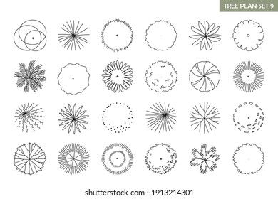 Tree top, tree plan - free hand drawn doodle top view trees for landscape  plan. Can change the stroke line