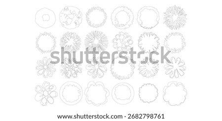 Tree top view line art for botanical illustrations, landscape schematics, and architectural drawings. Includes diverse tree species.