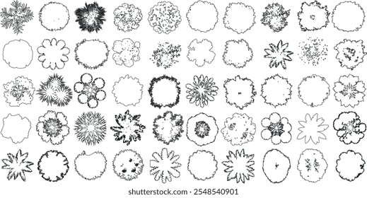 Ilustraciones de la línea de vista superior del árbol, la copa del árbol perfecta para Planes arquitectónicos, diseño paisajístico y proyectos de planificación urbana