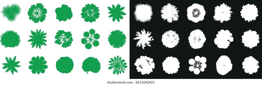 Tree top view silhouette set, perfect for architectural plans and landscape design. Includes isolated green and white tree top icons in vector format. Ideal for urban planning and garden layouts