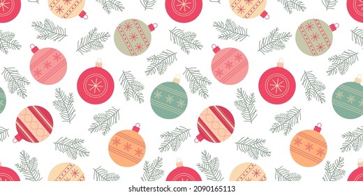 Сhristmas tree toys and Christmas tree, seamless background. Holliday design for gift wrapping paper, fabric, clothes, textile, wallpaper.