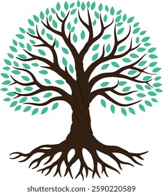 The tree transitions from bare branches to lush foliage.