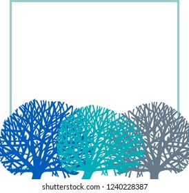 Tree trees silhouettes on card design with square outline. Vector illustration for invitations, design, posters, cards