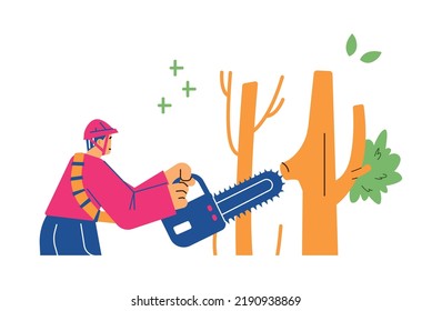 Tree Trimming Or Garden Arborist Service Employee Cutting Branches With Chainsaw, Flat Vector Illustration Isolated On White Background. Professional Tree Cutting.