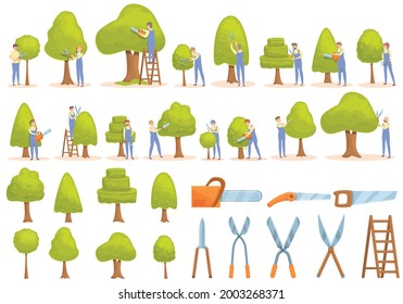 Tree Trimming Icons Set Cartoon Vector. Tree Chainsaw. Tree Trimming Work