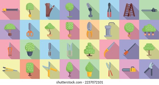 Tree trimming icons set flat vector. Chainsaw tree. Work forest